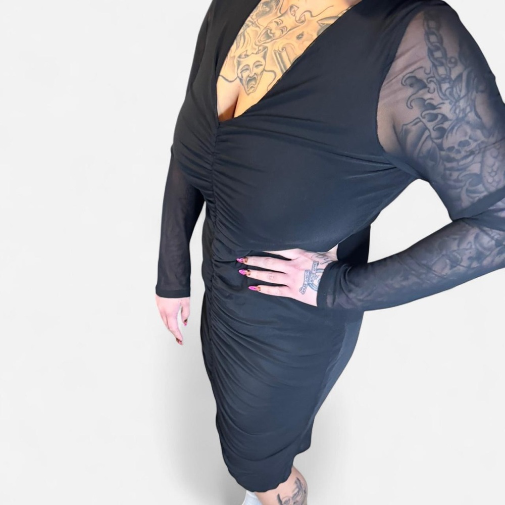 INC International Concepts Black Ruched Dress with Sheer Sleeves